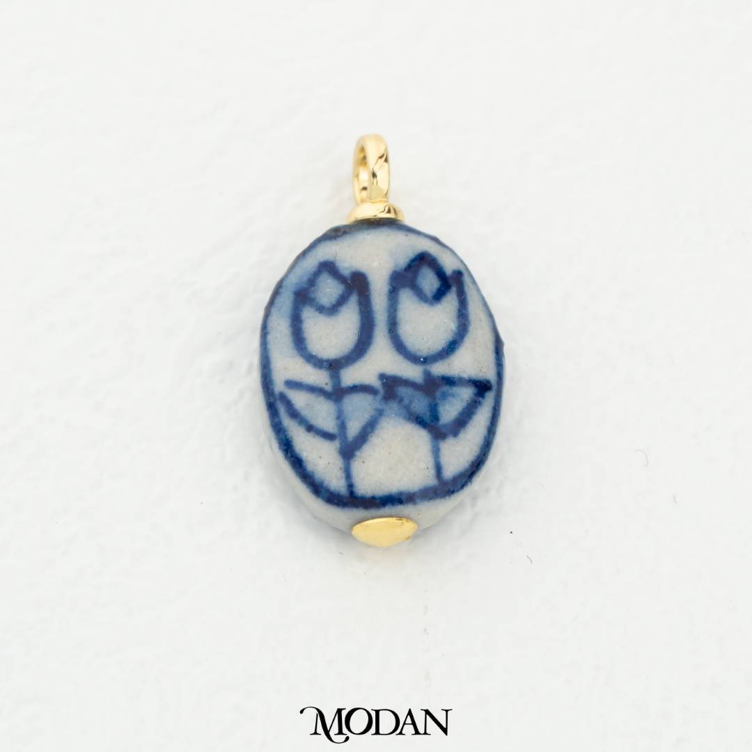 Blue Vintage Chinese Style Oval Tulip Flower Gucci DIY Pendant Liontin Gucci Hypoallergenic Gold Filled