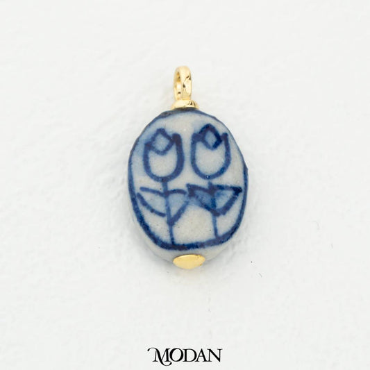 Blue Vintage Chinese Style Oval Tulip Flower Gucci DIY Pendant Liontin Gucci Hypoallergenic Gold Filled