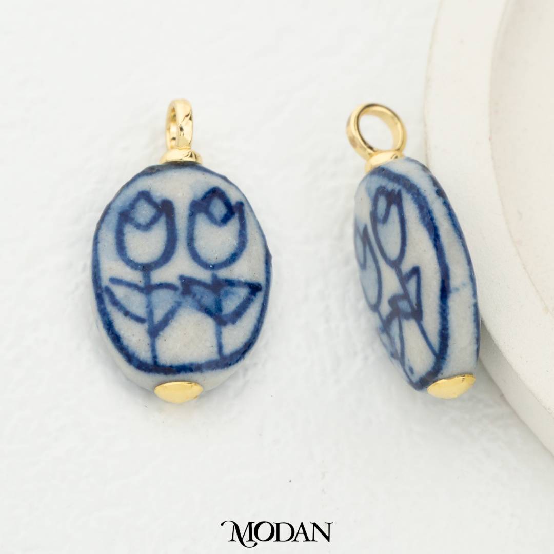 Blue Vintage Chinese Style Oval Tulip Flower Gucci DIY Pendant Liontin Gucci Hypoallergenic Gold Filled