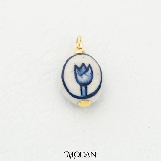 Blue Vintage Chinese Style Round Tulip Flower Gucci DIY Pendant Liontin Gucci Hypoallergenic Gold Filled
