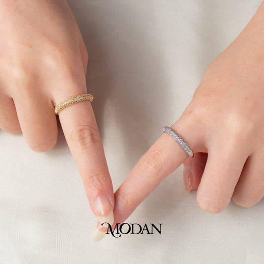 Sparkling Triple Row Pave Adjustable Ring Cincin Permata Tiga Baris Mewah Hypoallergenic Gold Plated