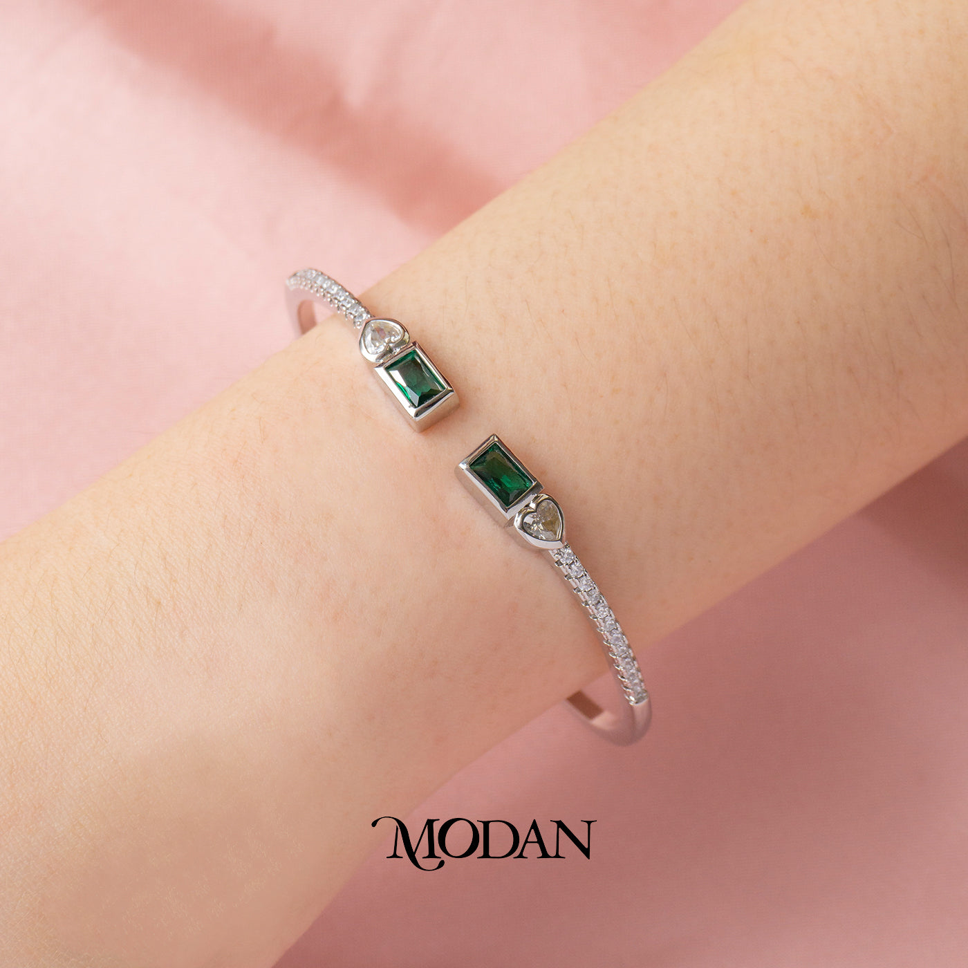 (6cm) Colorful Clear Green Fuchsia Geometric Open Cuff Bracelet Gelang Kaku Pesta Hypoallergenic Gold Filled
