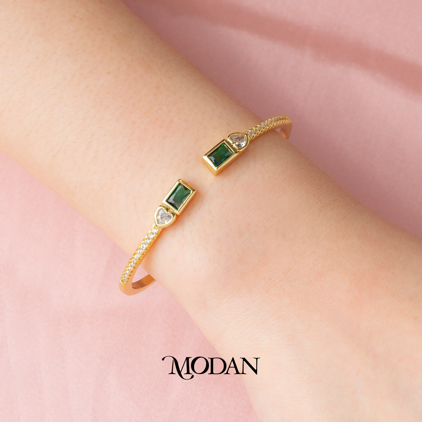 (6cm) Colorful Clear Green Fuchsia Geometric Open Cuff Bracelet Gelang Kaku Pesta Hypoallergenic Gold Filled
