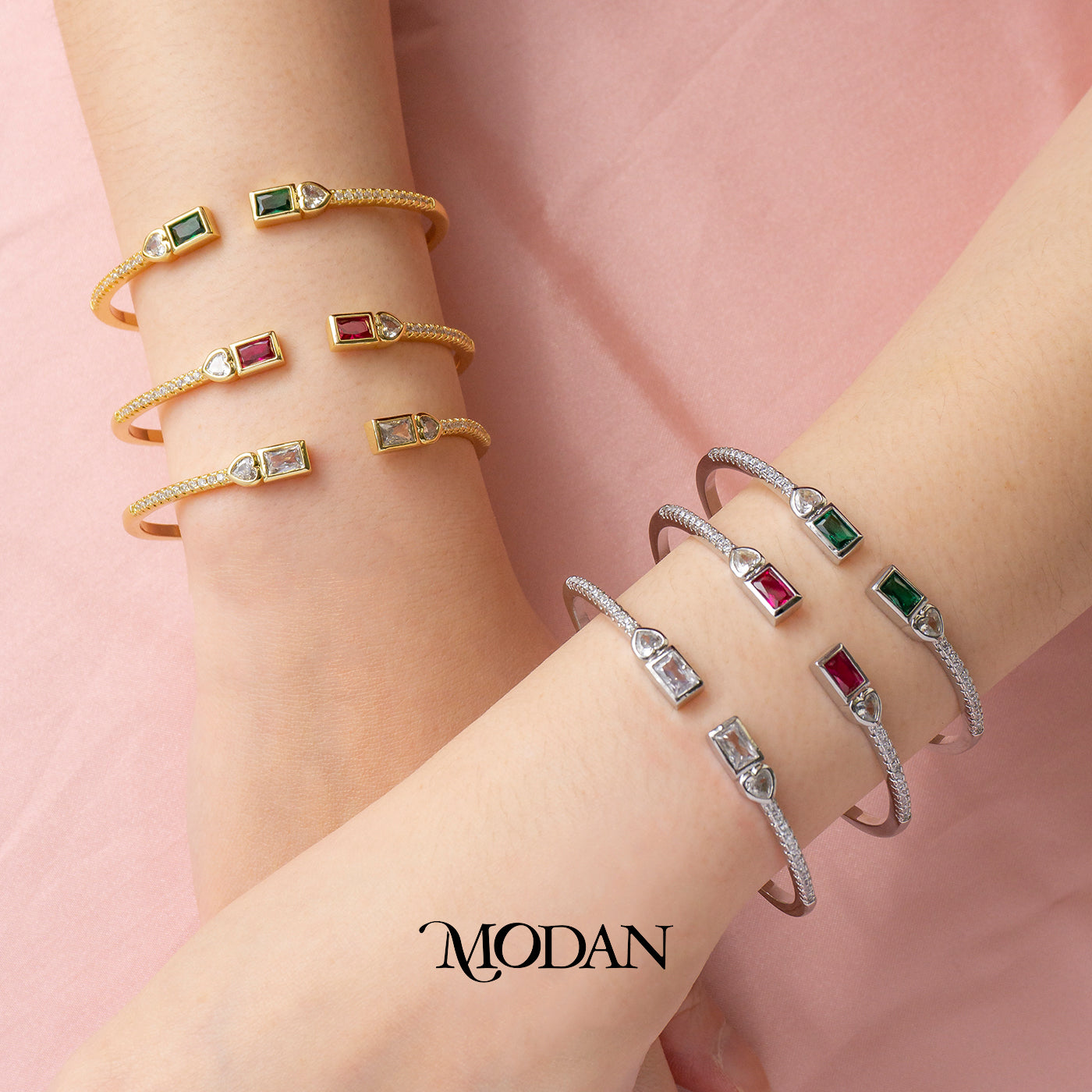 (6cm) Colorful Clear Green Fuchsia Geometric Open Cuff Bracelet Gelang Kaku Pesta Hypoallergenic Gold Filled