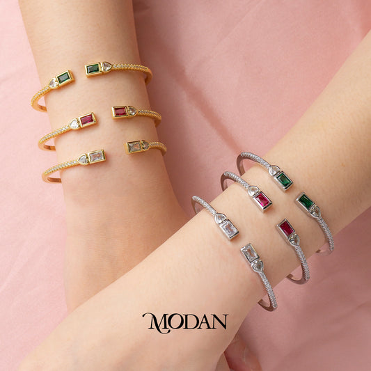 (6cm) Colorful Clear Green Fuchsia Geometric Open Cuff Bracelet Gelang Kaku Pesta Hypoallergenic Gold Filled