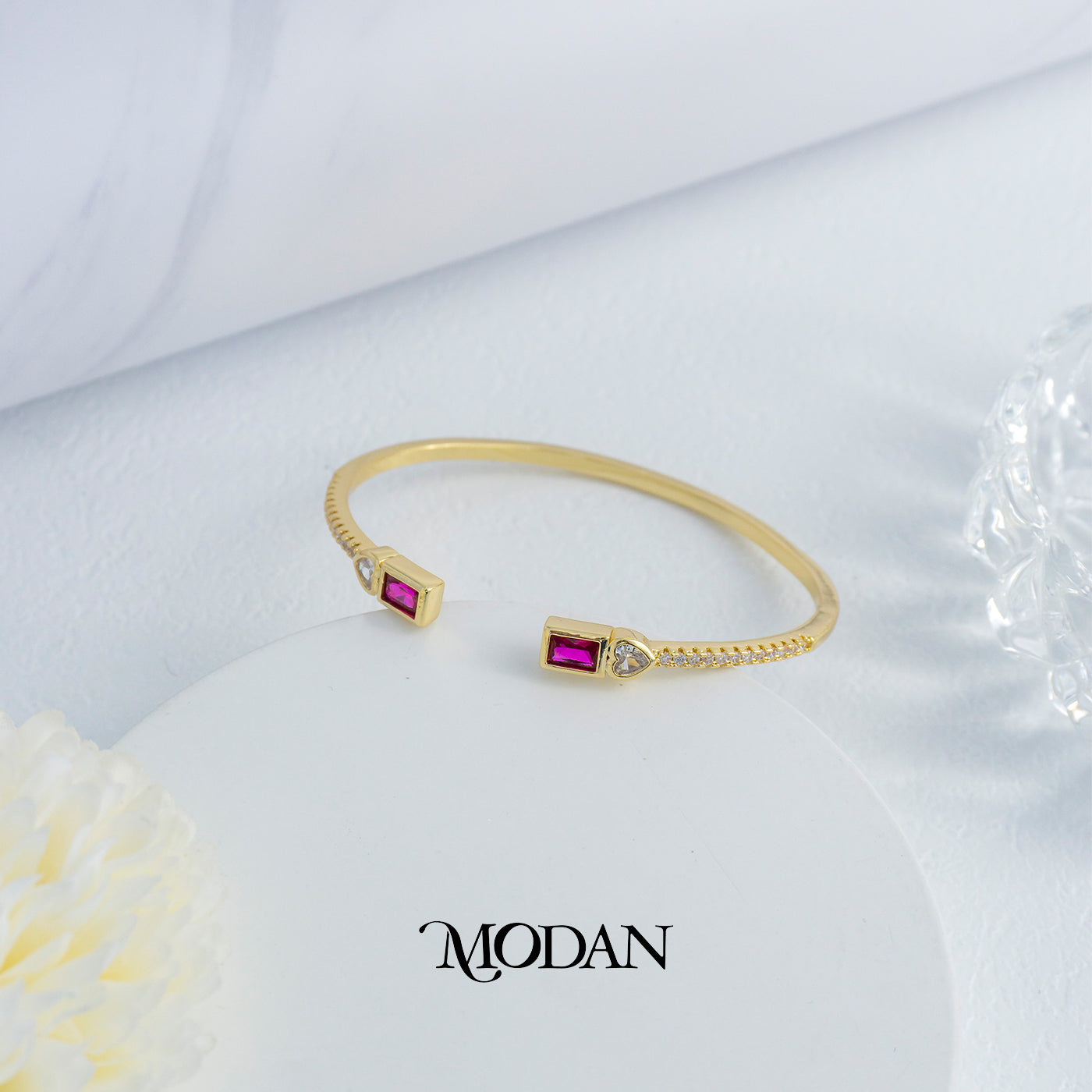 (6cm) Colorful Clear Green Fuchsia Geometric Open Cuff Bracelet Gelang Kaku Pesta Hypoallergenic Gold Filled