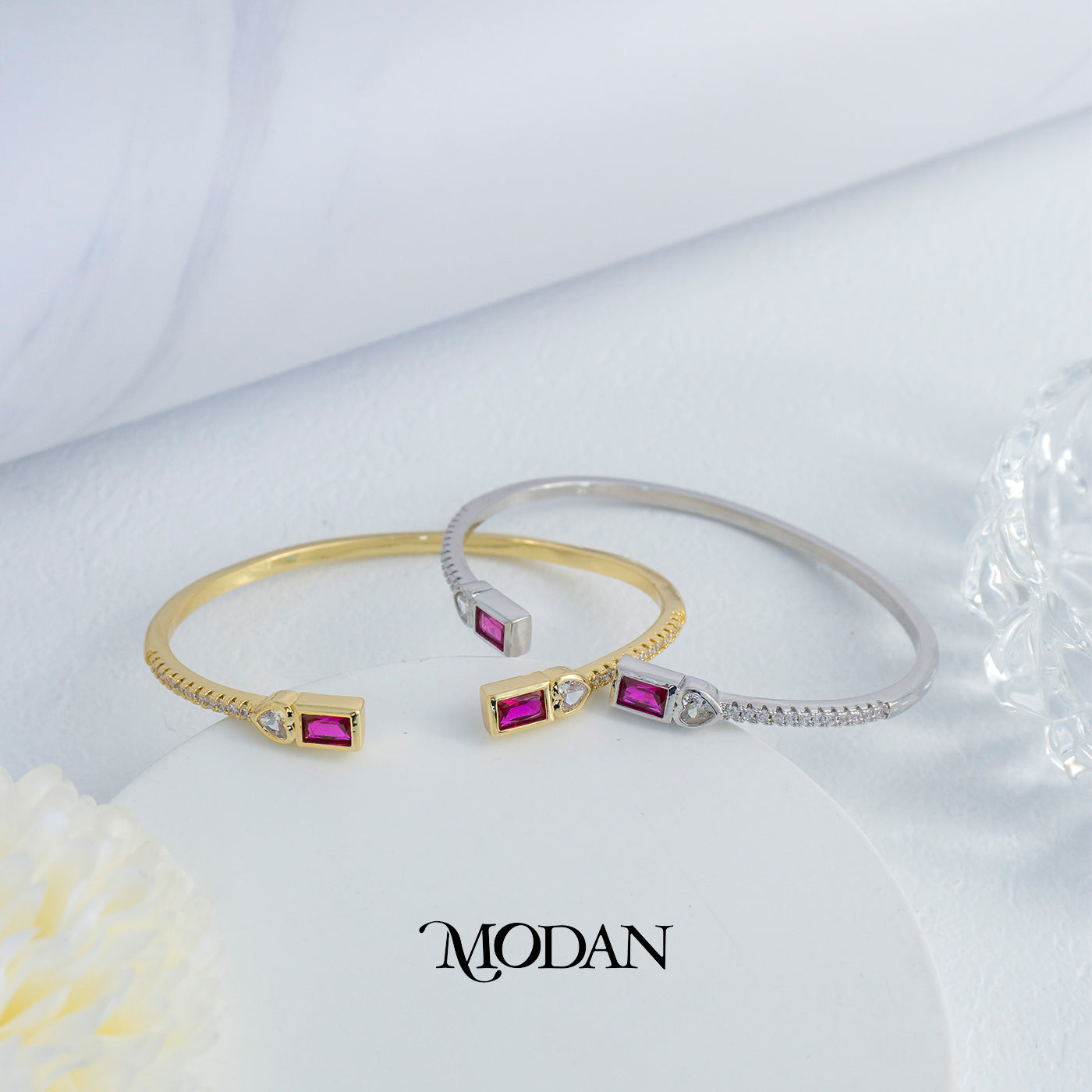 (6cm) Colorful Clear Green Fuchsia Geometric Open Cuff Bracelet Gelang Kaku Pesta Hypoallergenic Gold Filled