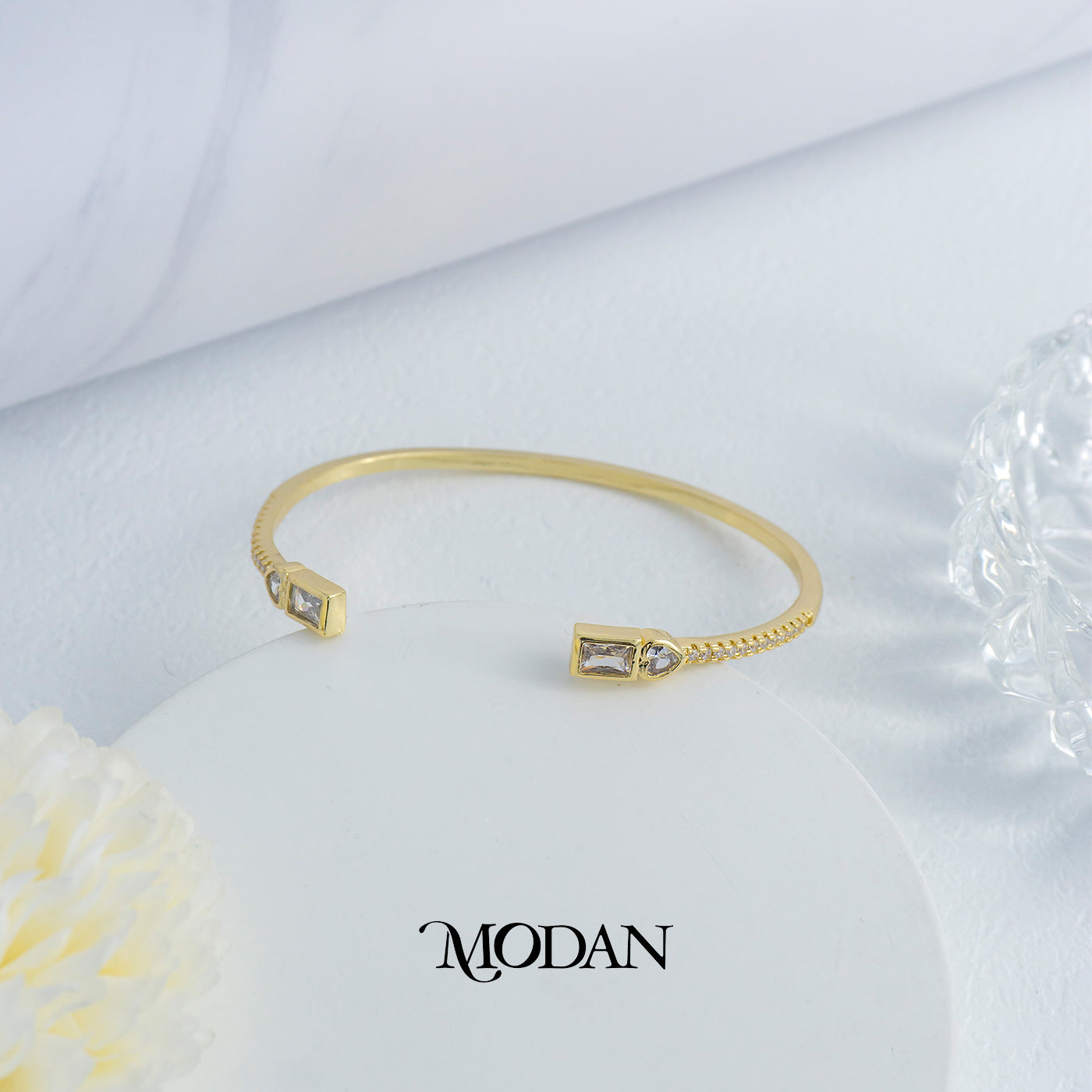 (6cm) Colorful Clear Green Fuchsia Geometric Open Cuff Bracelet Gelang Kaku Pesta Hypoallergenic Gold Filled