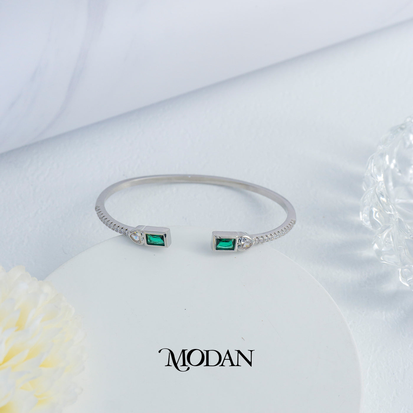 (6cm) Colorful Clear Green Fuchsia Geometric Open Cuff Bracelet Gelang Kaku Pesta Hypoallergenic Gold Filled
