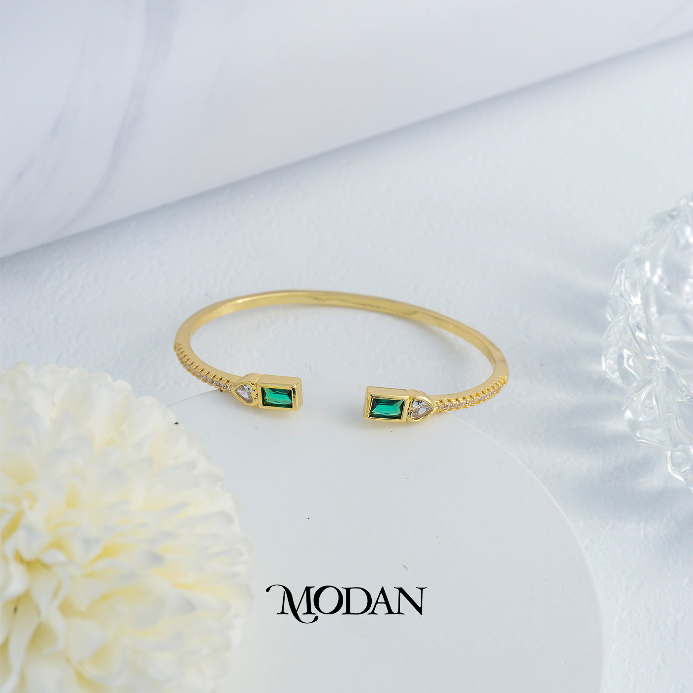 (6cm) Colorful Clear Green Fuchsia Geometric Open Cuff Bracelet Gelang Kaku Pesta Hypoallergenic Gold Filled