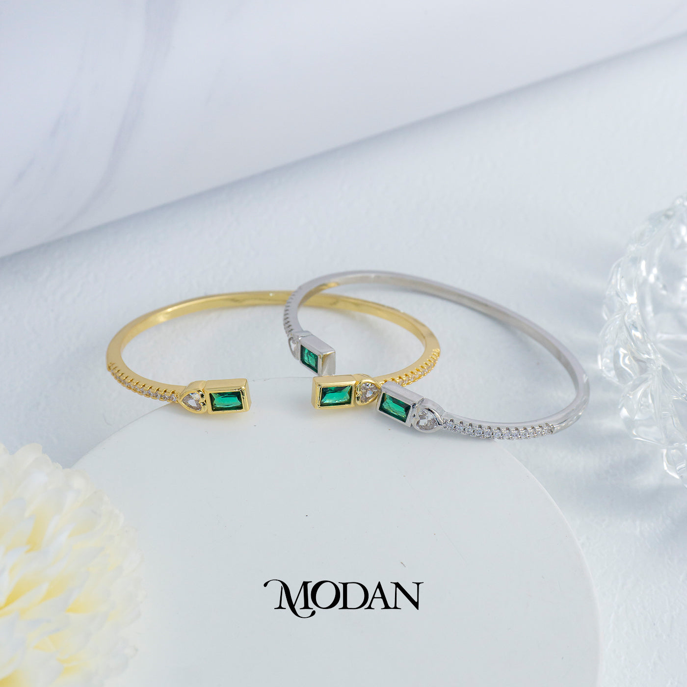 (6cm) Colorful Clear Green Fuchsia Geometric Open Cuff Bracelet Gelang Kaku Pesta Hypoallergenic Gold Filled