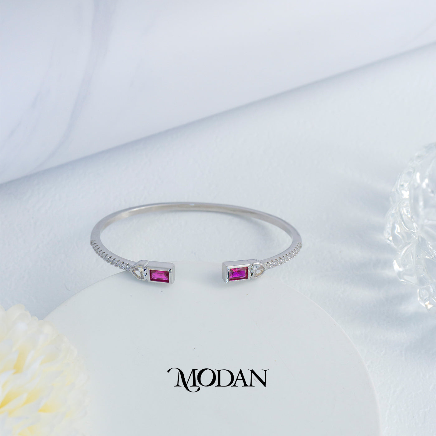 (6cm) Colorful Clear Green Fuchsia Geometric Open Cuff Bracelet Gelang Kaku Pesta Hypoallergenic Gold Filled
