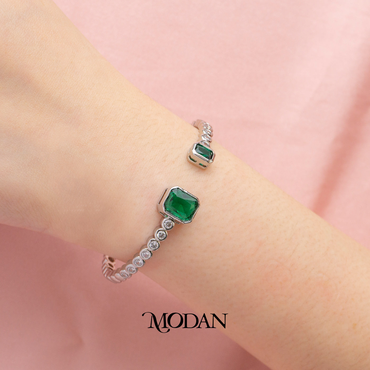 (6cm) Colorful Clear Green Fuchsia Hexagon Geometric Open Cuff Bracelet Gelang Kaku Pesta Hypoallergenic Gold Filled