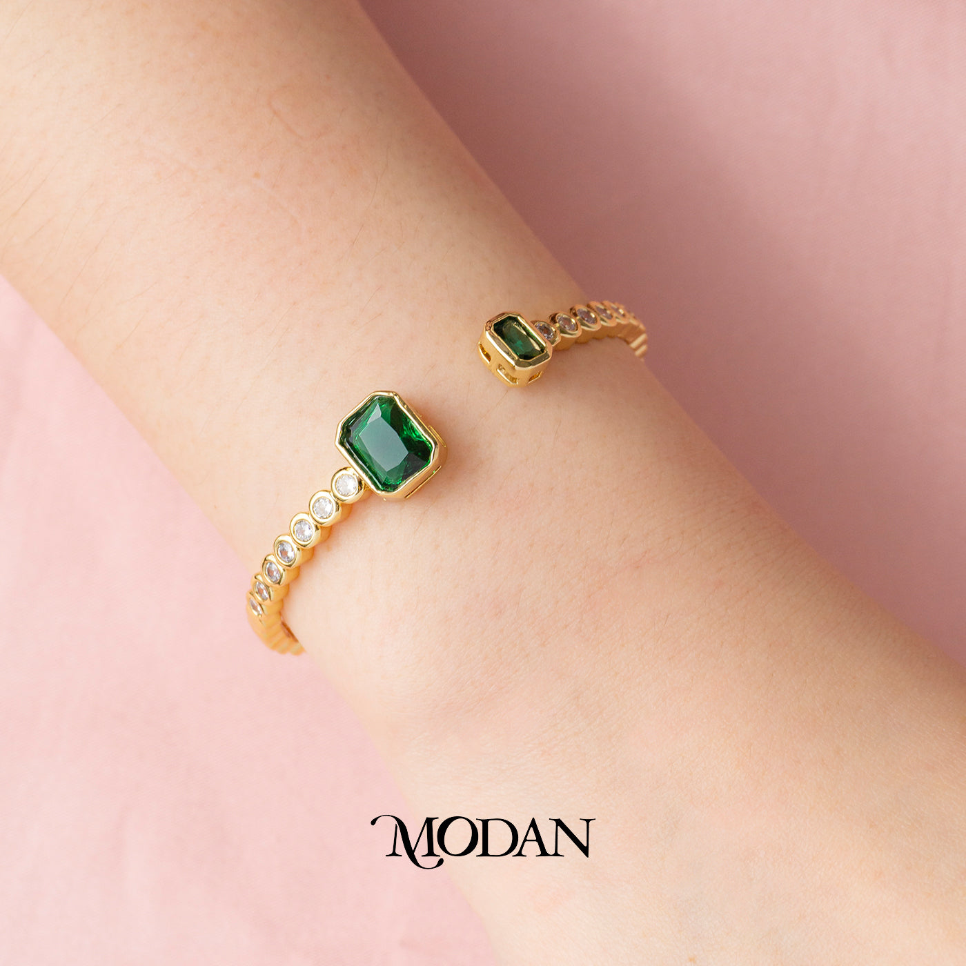 (6cm) Colorful Clear Green Fuchsia Hexagon Geometric Open Cuff Bracelet Gelang Kaku Pesta Hypoallergenic Gold Filled