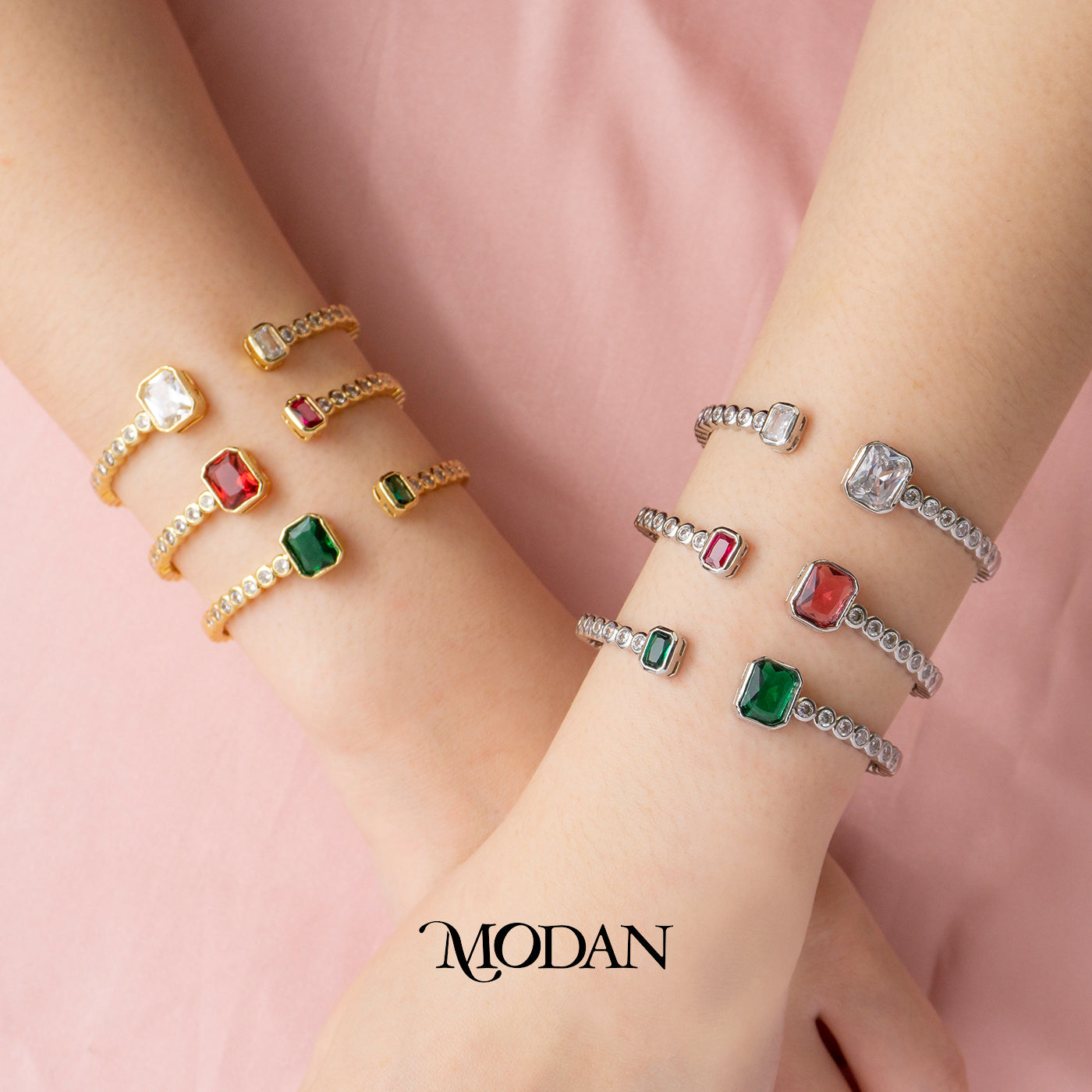 (6cm) Colorful Clear Green Fuchsia Hexagon Geometric Open Cuff Bracelet Gelang Kaku Pesta Hypoallergenic Gold Filled