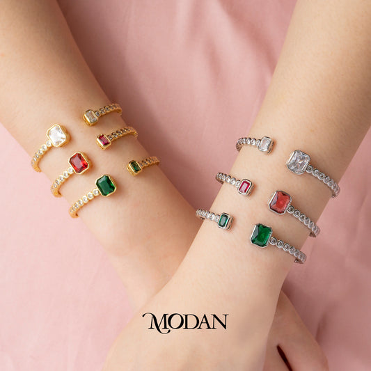 (6cm) Colorful Clear Green Fuchsia Hexagon Geometric Open Cuff Bracelet Gelang Kaku Pesta Hypoallergenic Gold Filled