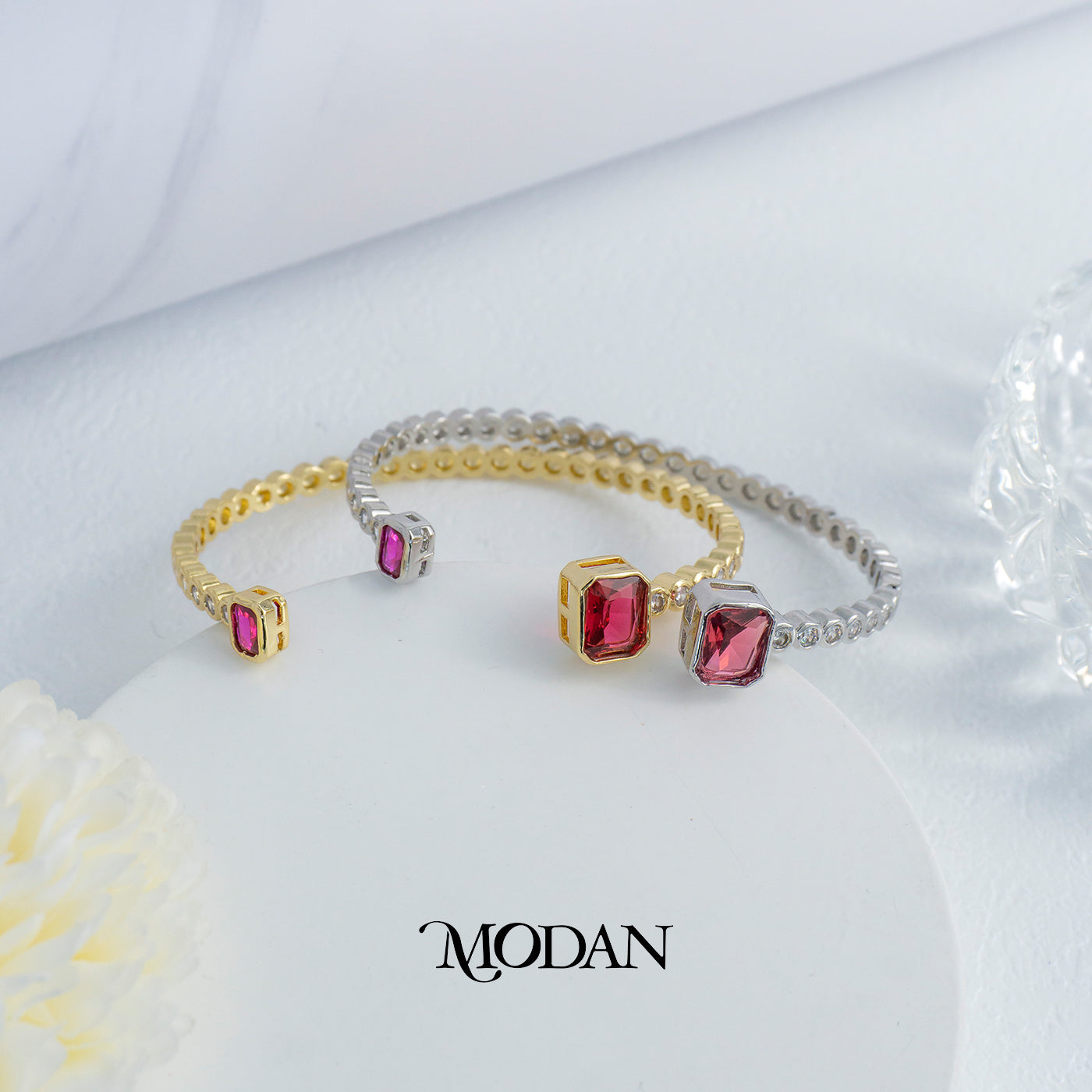 (6cm) Colorful Clear Green Fuchsia Hexagon Geometric Open Cuff Bracelet Gelang Kaku Pesta Hypoallergenic Gold Filled
