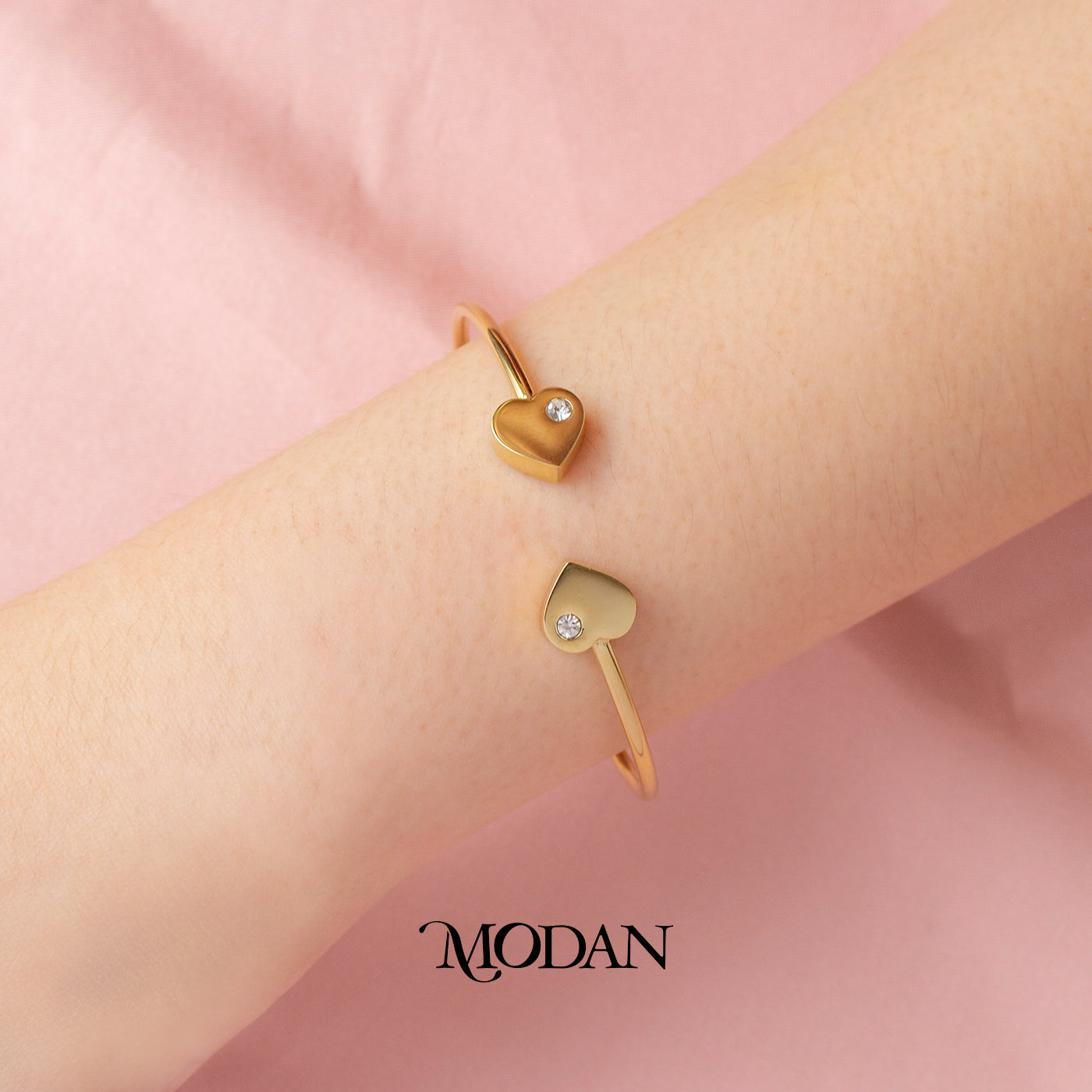 (5.6cm) Titanium Double Love Heart Simple Minimalist Golden Open Cuff Bracelet Gelang Kaku Hypoallergenic Stainless Steel