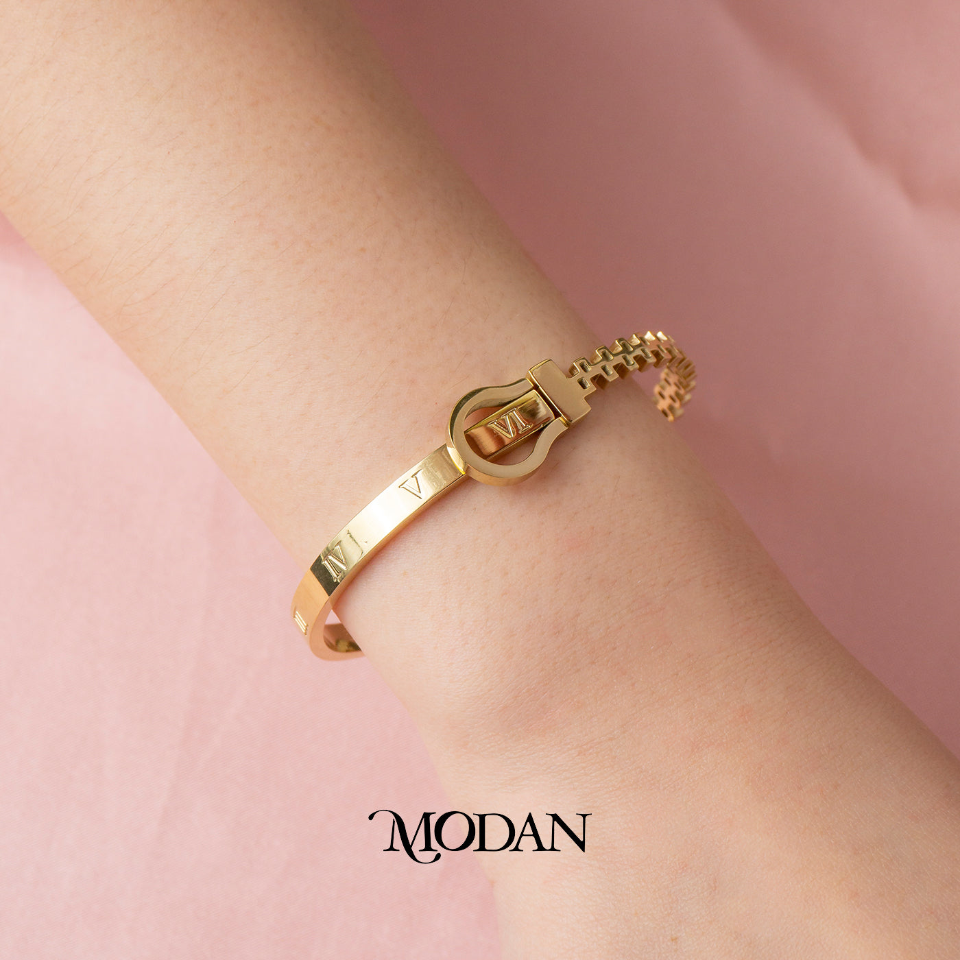 (5.8cm) Titanium Roman Numerals Simple Minimalist Golden Bangle Bracelet Gelang Kaku Hypoallergenic Stainless Steel