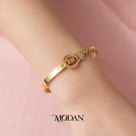 (5.8cm) Titanium Roman Numerals Simple Minimalist Golden Bangle Bracelet Gelang Kaku Hypoallergenic Stainless Steel