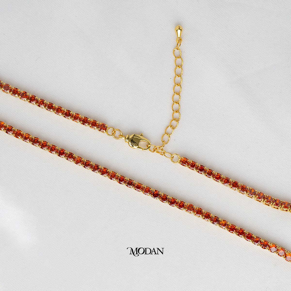 (43cm) Red Tosca Pink Peach Princess Cut Tennis Necklace Kalung Zirconia Hypoallergenic Gold Plated