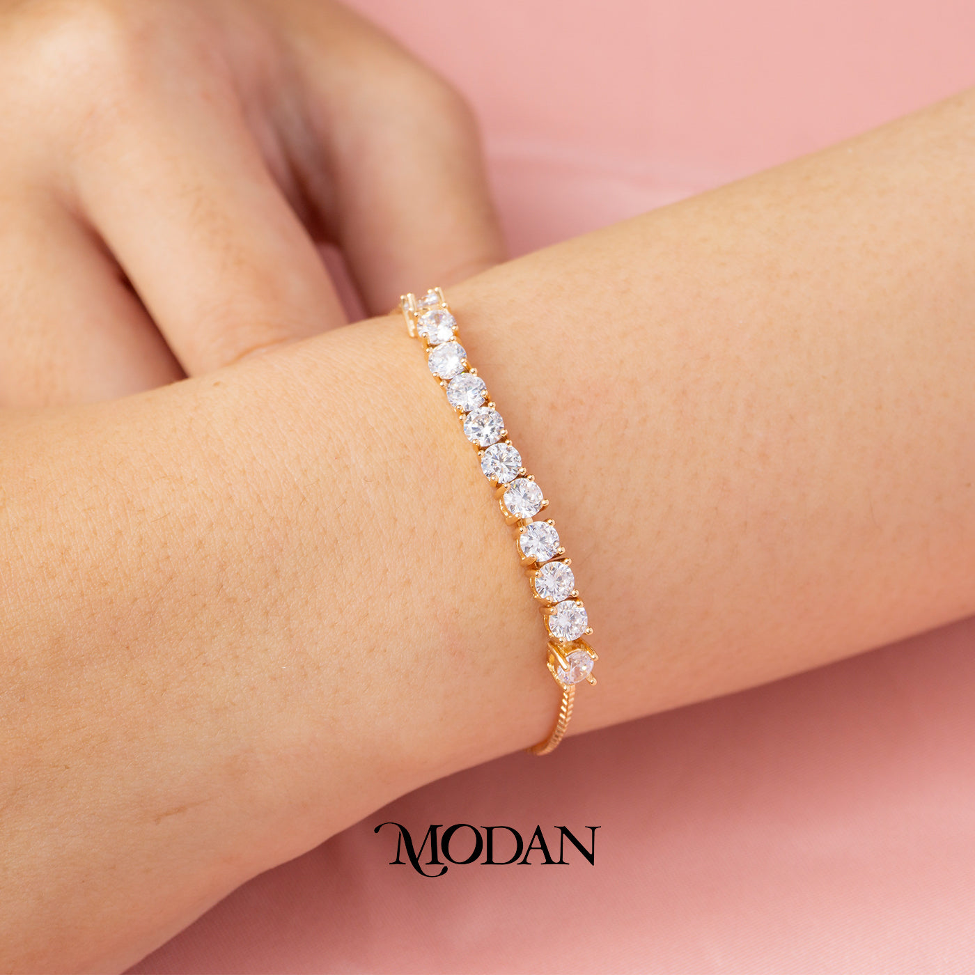 Rose Gold Clear Zirconia Round Tennis Adjustable Bracelet Gelang Serut Hypoallergenic Gold Plated