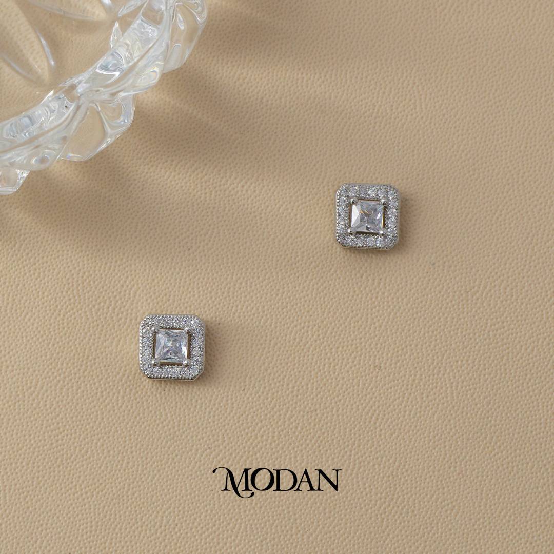 (9mm) Sparkling Zirconia Square Stud Earrings Anting Tusuk Persegi Hypoallergenic Gold Plated