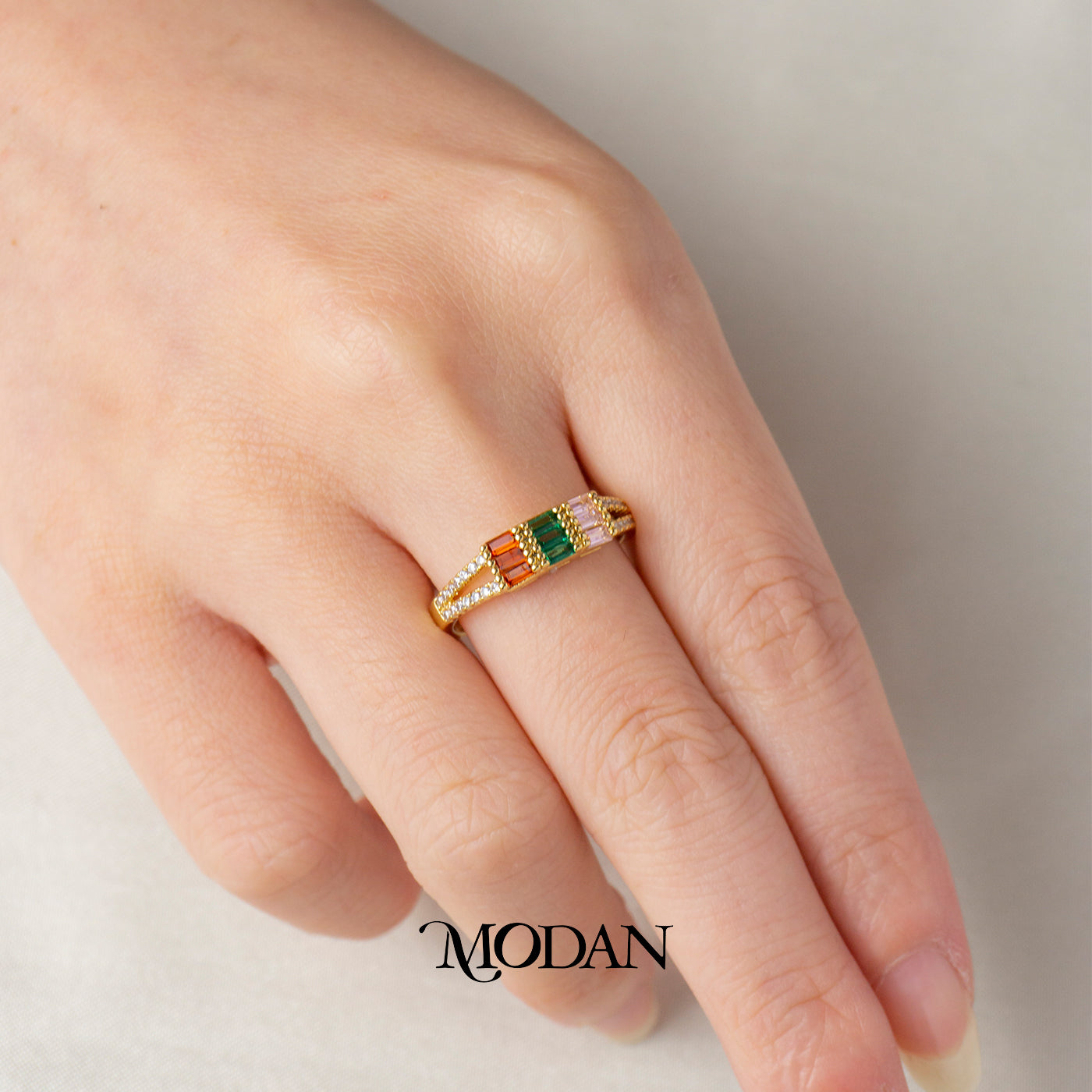 Geometric Rainbow Baguette Band Adjustable Ring Cincin Warna-Warni Klasik Hypoallergenic Gold Plated