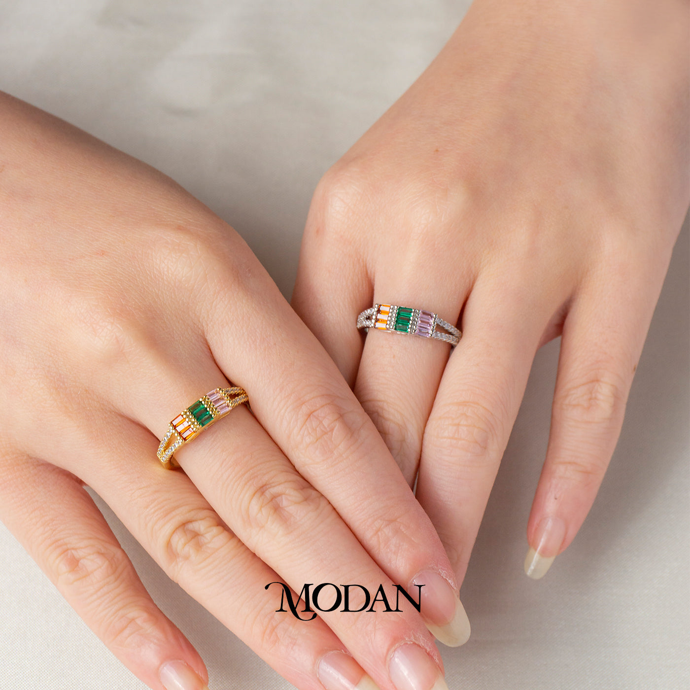 Geometric Rainbow Baguette Band Adjustable Ring Cincin Warna-Warni Klasik Hypoallergenic Gold Plated