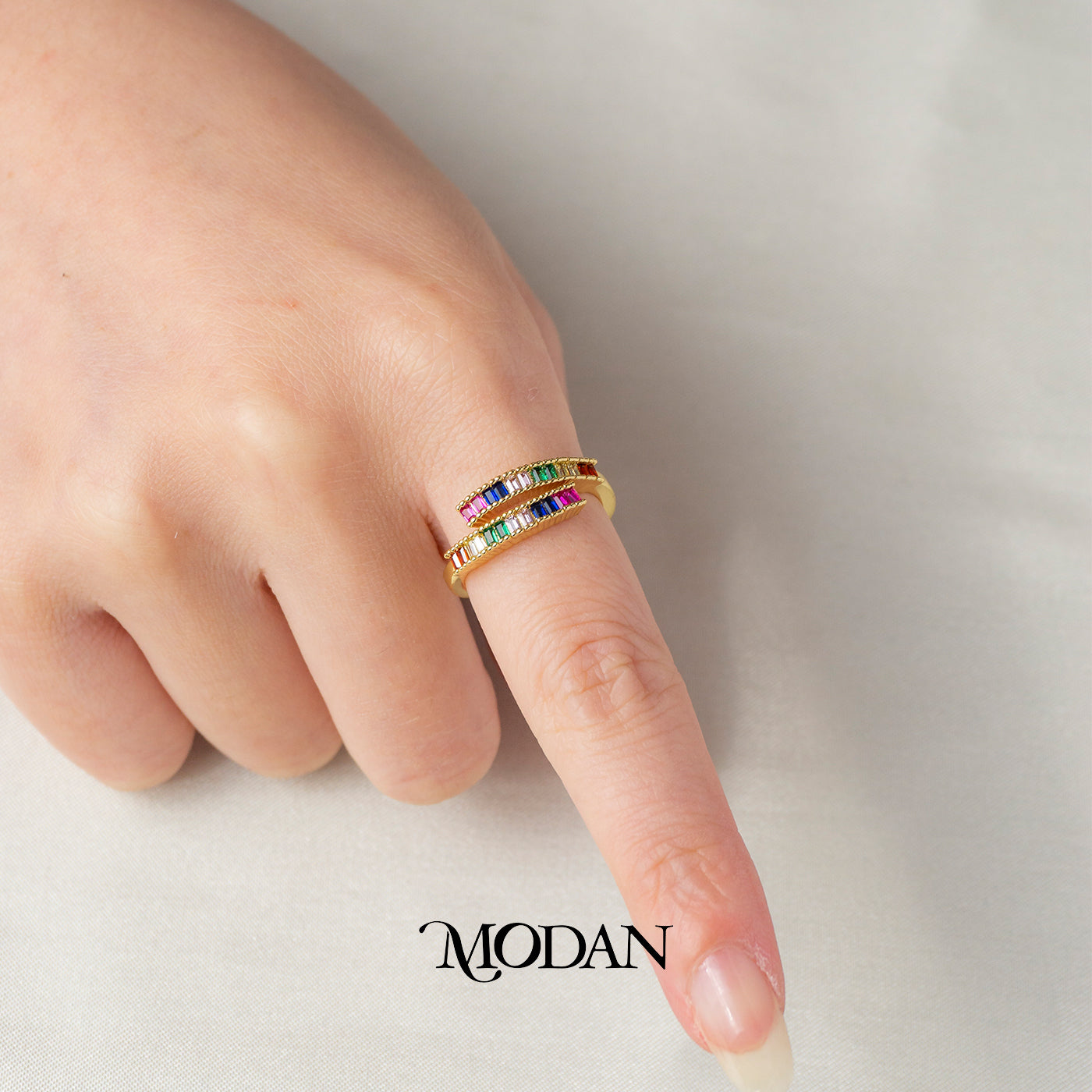 Rainbow Baguette Bypass Adjustable Ring Cincin Lilit Kotak Pelangi Hypoallergenic Gold Plated