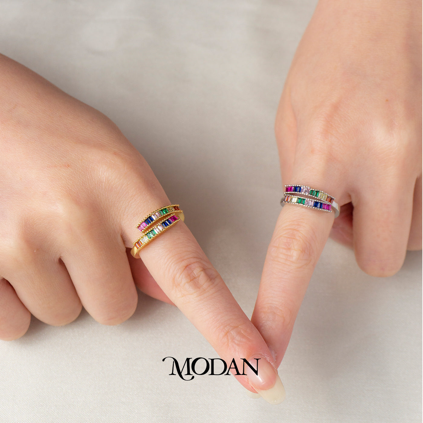 Rainbow Baguette Bypass Adjustable Ring Cincin Lilit Kotak Pelangi Hypoallergenic Gold Plated