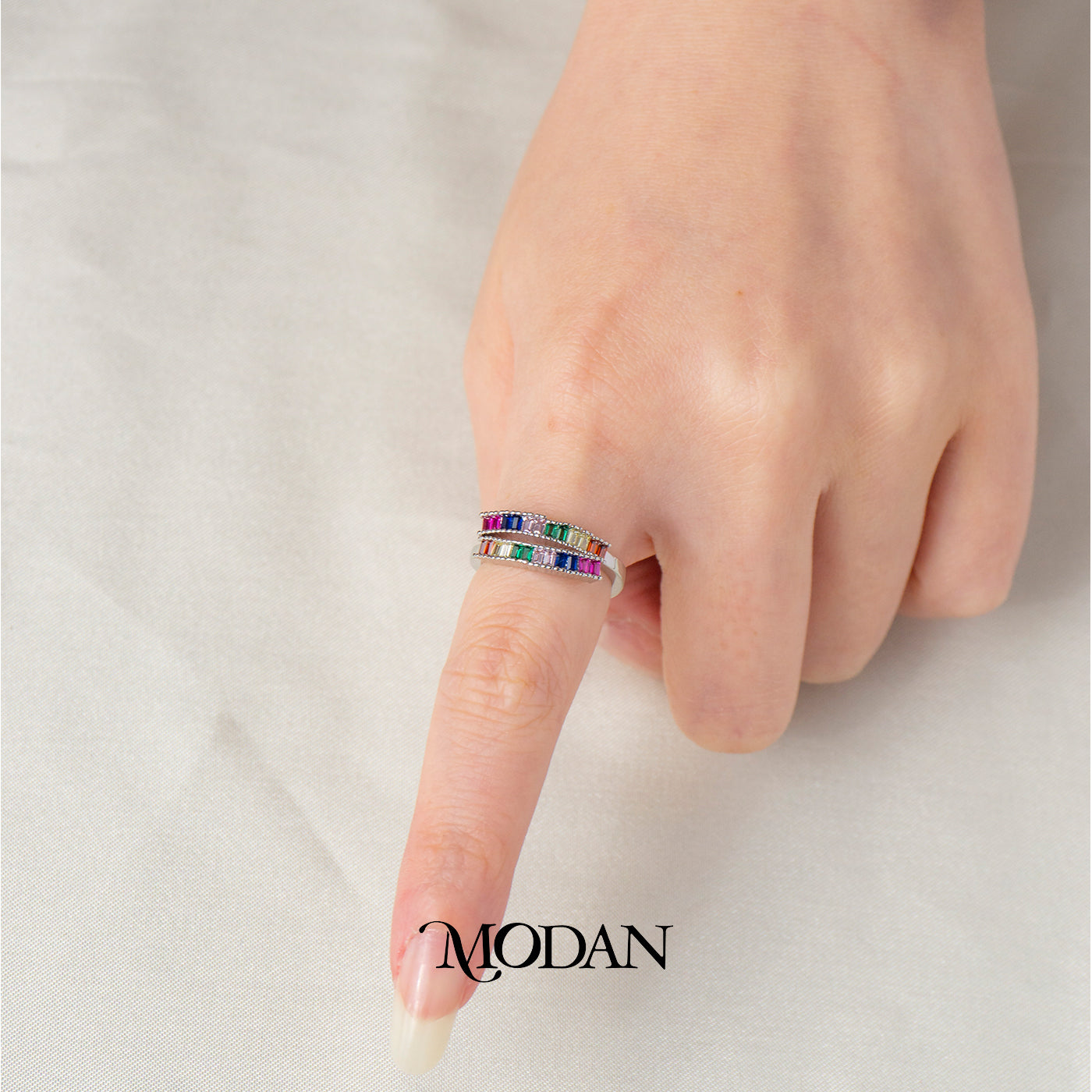 Rainbow Baguette Bypass Adjustable Ring Cincin Lilit Kotak Pelangi Hypoallergenic Gold Plated