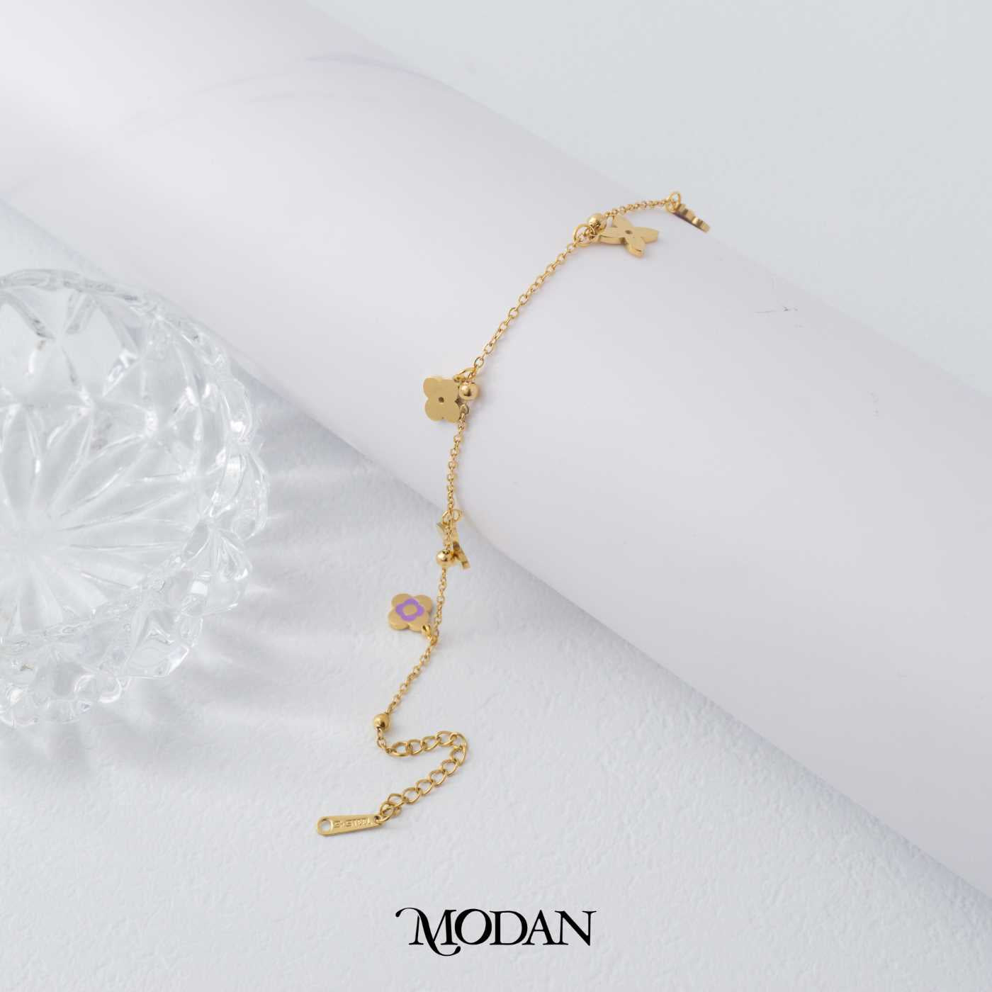 (16cm) Titanium Golden Mini Clover Enamel Bracelet Gelang Daun Semanggi Hypoallergenic Stainless Steel