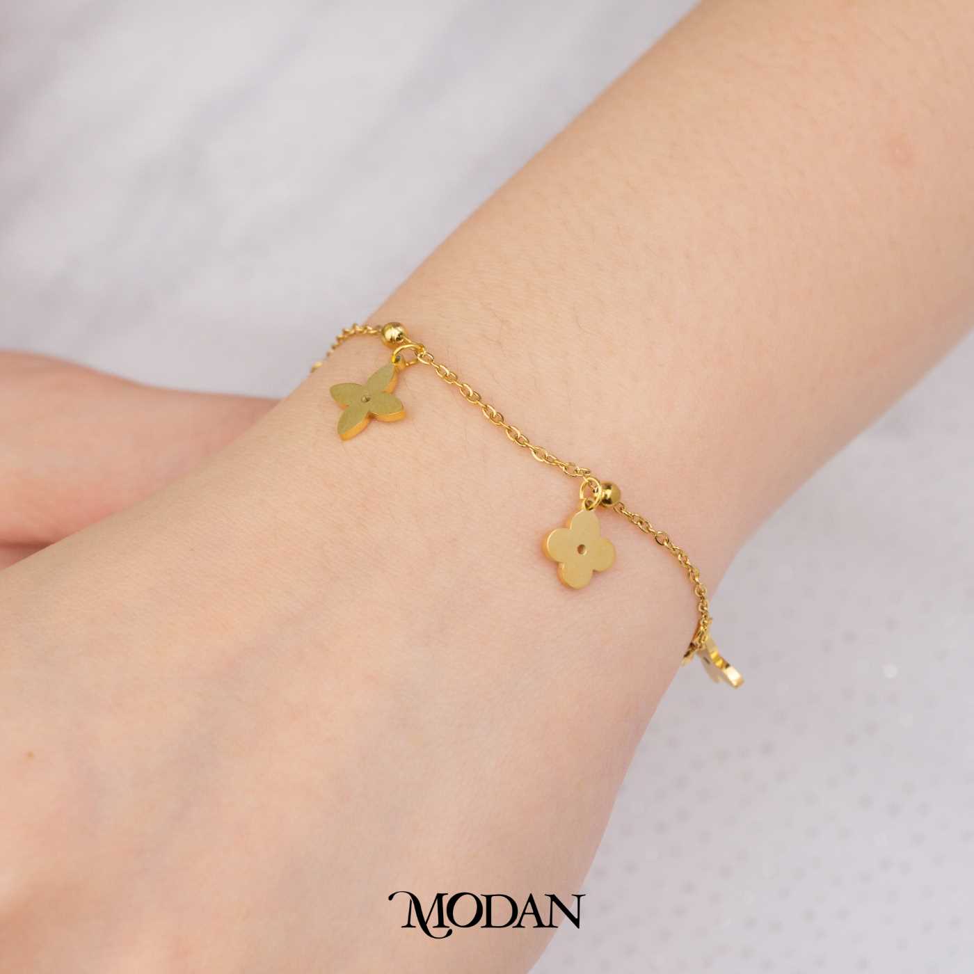 (16cm) Titanium Golden Mini Clover Enamel Bracelet Gelang Daun Semanggi Hypoallergenic Stainless Steel