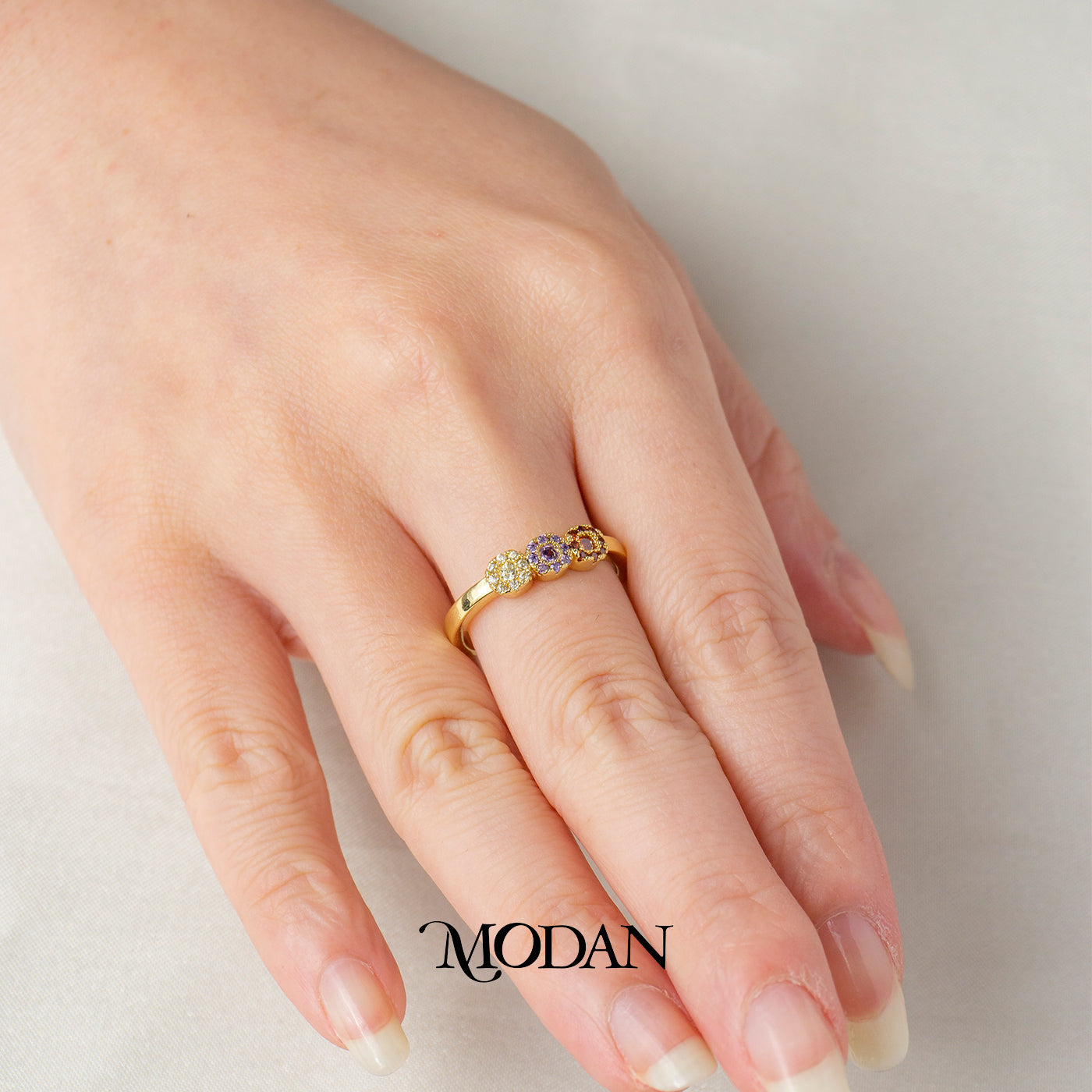 Dainty Tricolor Flower Adjustable Ring Cincin Tiga Bunga Warna Warni Hypoallergenic Gold Plated