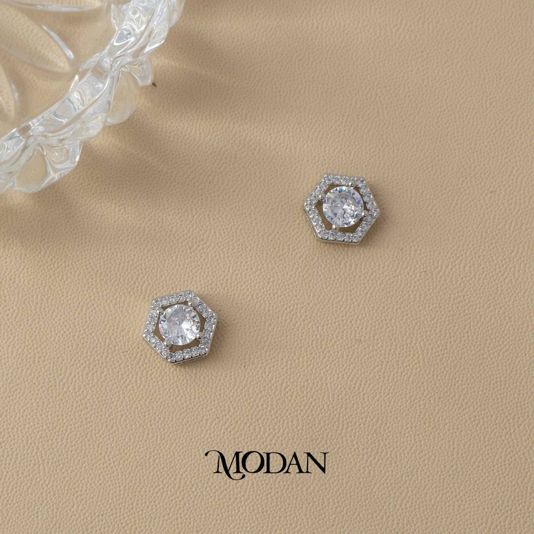 (11mm) Micro Paved Hexagon Stud Earrings Anting Tusuk Hypoallergenic Gold Plated