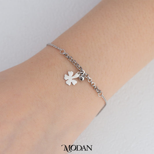 (17cm) Dainty Silver Fashionable Clover Jingle Bracelet Gelang Lonceng Bunga Daun Semanggi Hypoallergenic Gold Plated