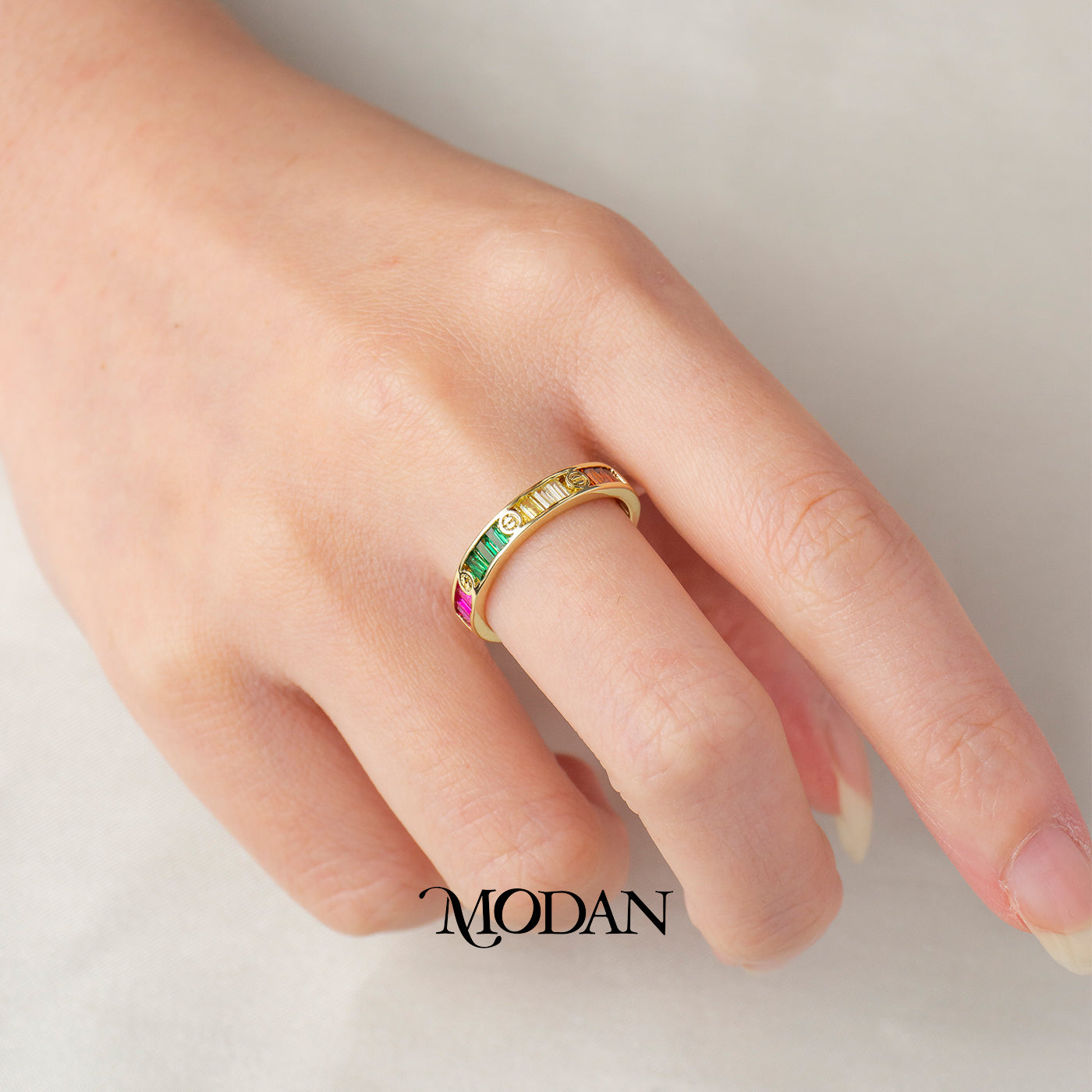 Rainbow Baguette Screw Adjustable Ring Cincin Motif Sekrup Permata Kotak Warna-Warni Hypoallergenic Gold Plated