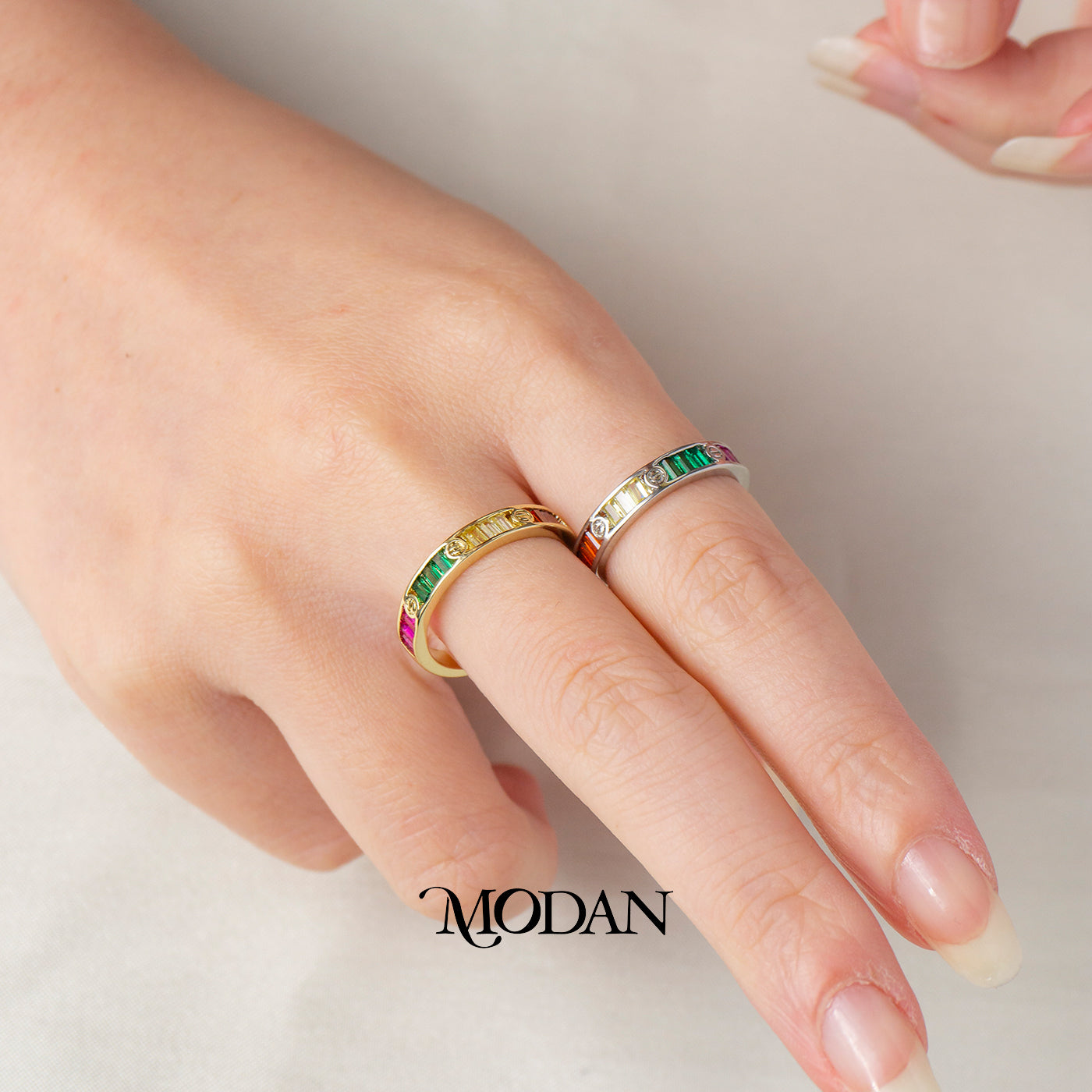 Rainbow Baguette Screw Adjustable Ring Cincin Motif Sekrup Permata Kotak Warna-Warni Hypoallergenic Gold Plated