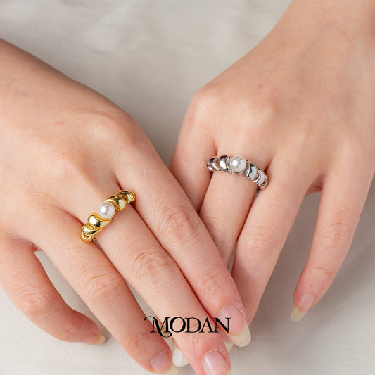 Vintage Pearl Twist Band Adjustable Ring Cincin Ulir Mutiara Hypoallergenic Gold Plated