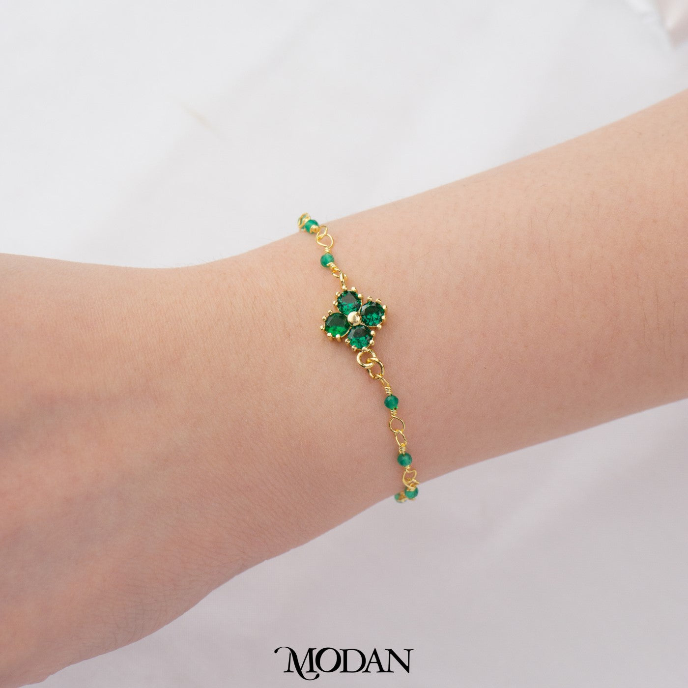 (14.5cm) Elegant Sparkling Emerald Green Lucky Clover Bracelet Gelang Hypoallergenic Gold Plated