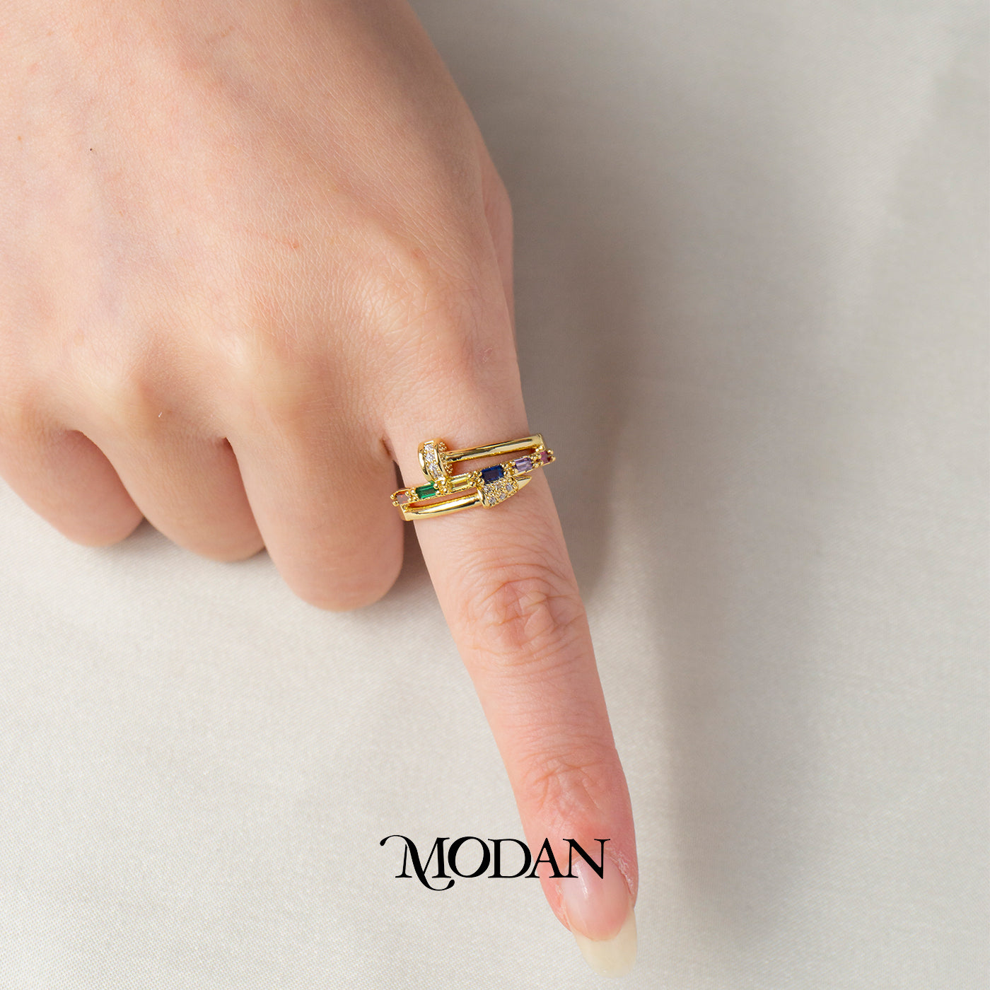 Rainbow Nail Bypass Adjustable Ring Cincin Paku Melilit Permata Kotak Warna Warni Hypoallergenic Gold Plated