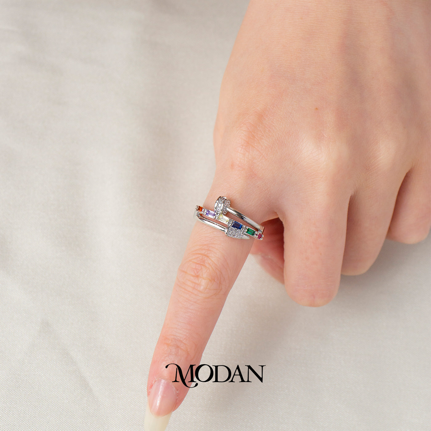 Rainbow Nail Bypass Adjustable Ring Cincin Paku Melilit Permata Kotak Warna Warni Hypoallergenic Gold Plated