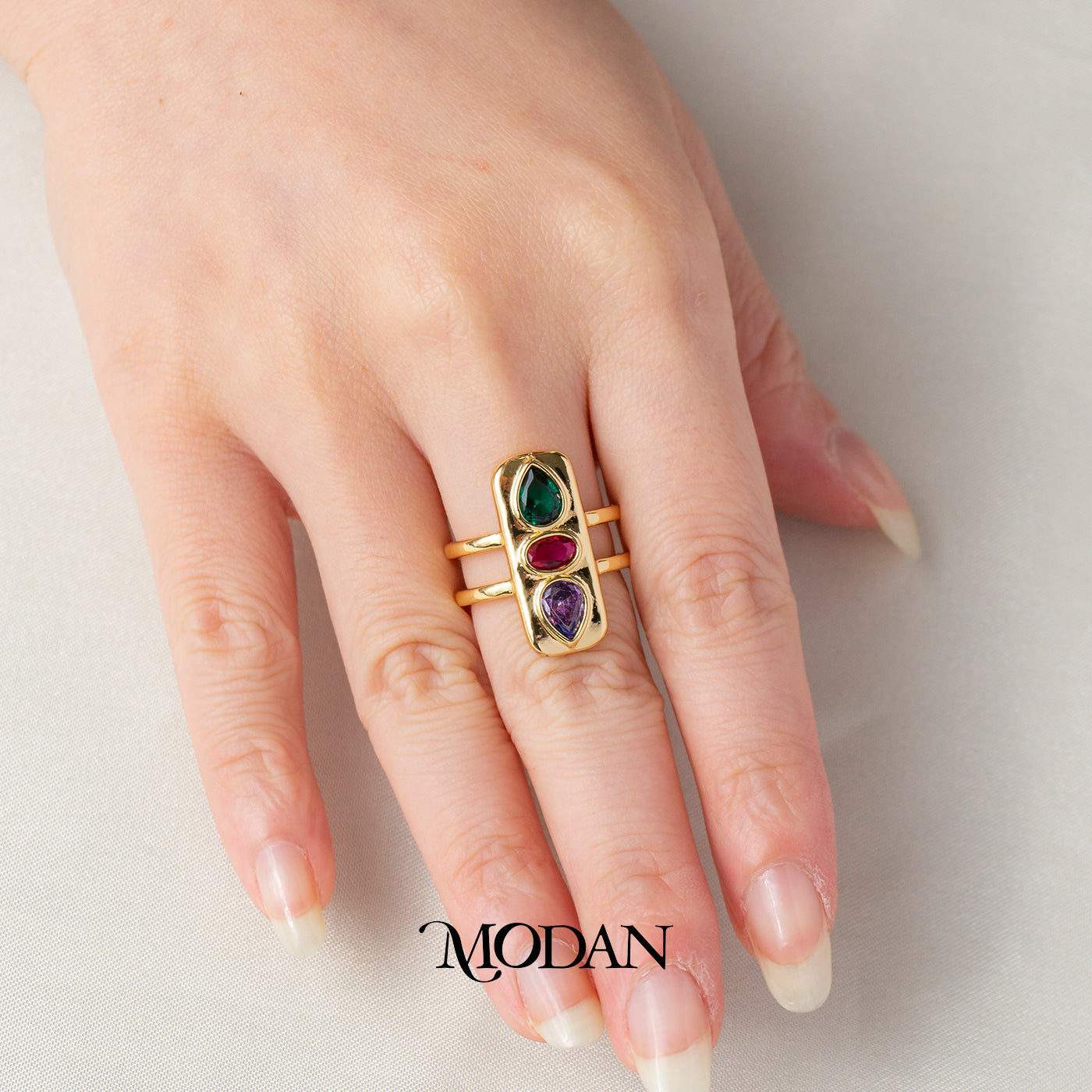 Colorful Red Green Purple Statement Ring Cincin Statement Merah Hijau Ungu Hypoallergenic Gold Plated