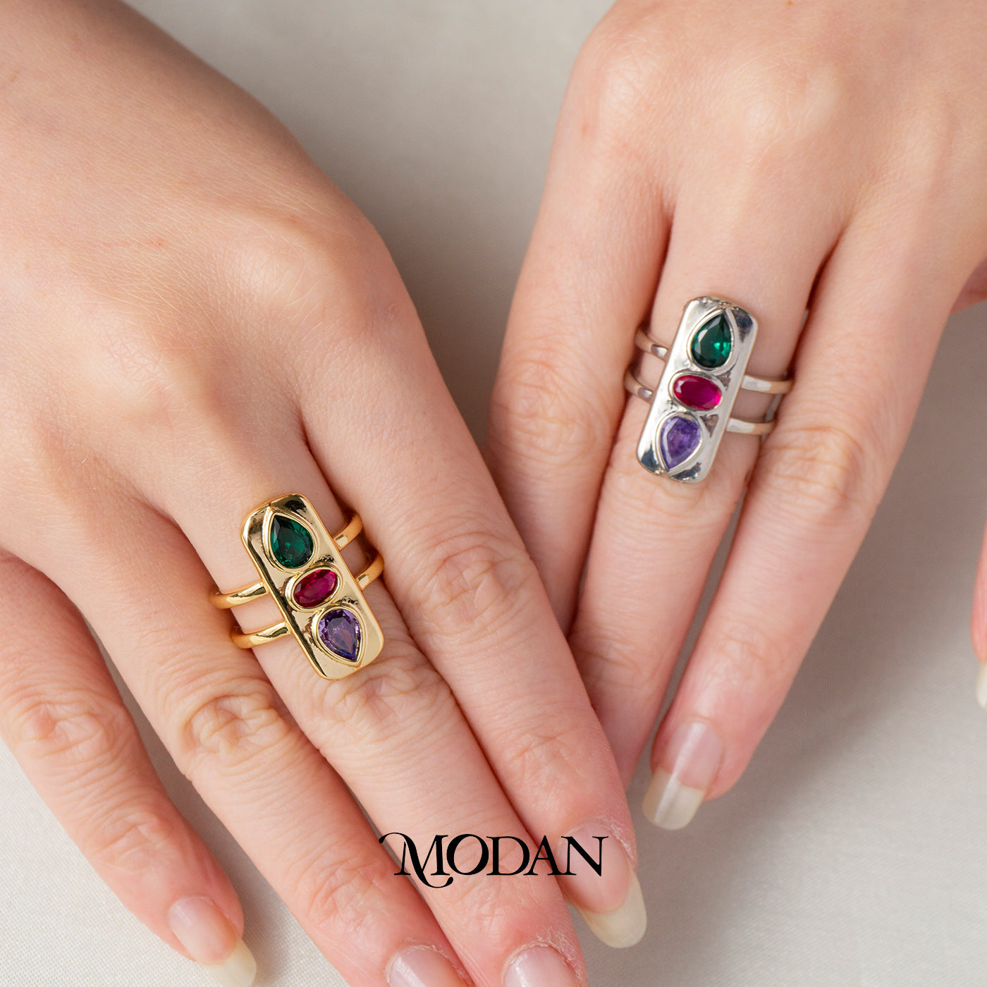 Colorful Red Green Purple Statement Ring Cincin Statement Merah Hijau Ungu Hypoallergenic Gold Plated