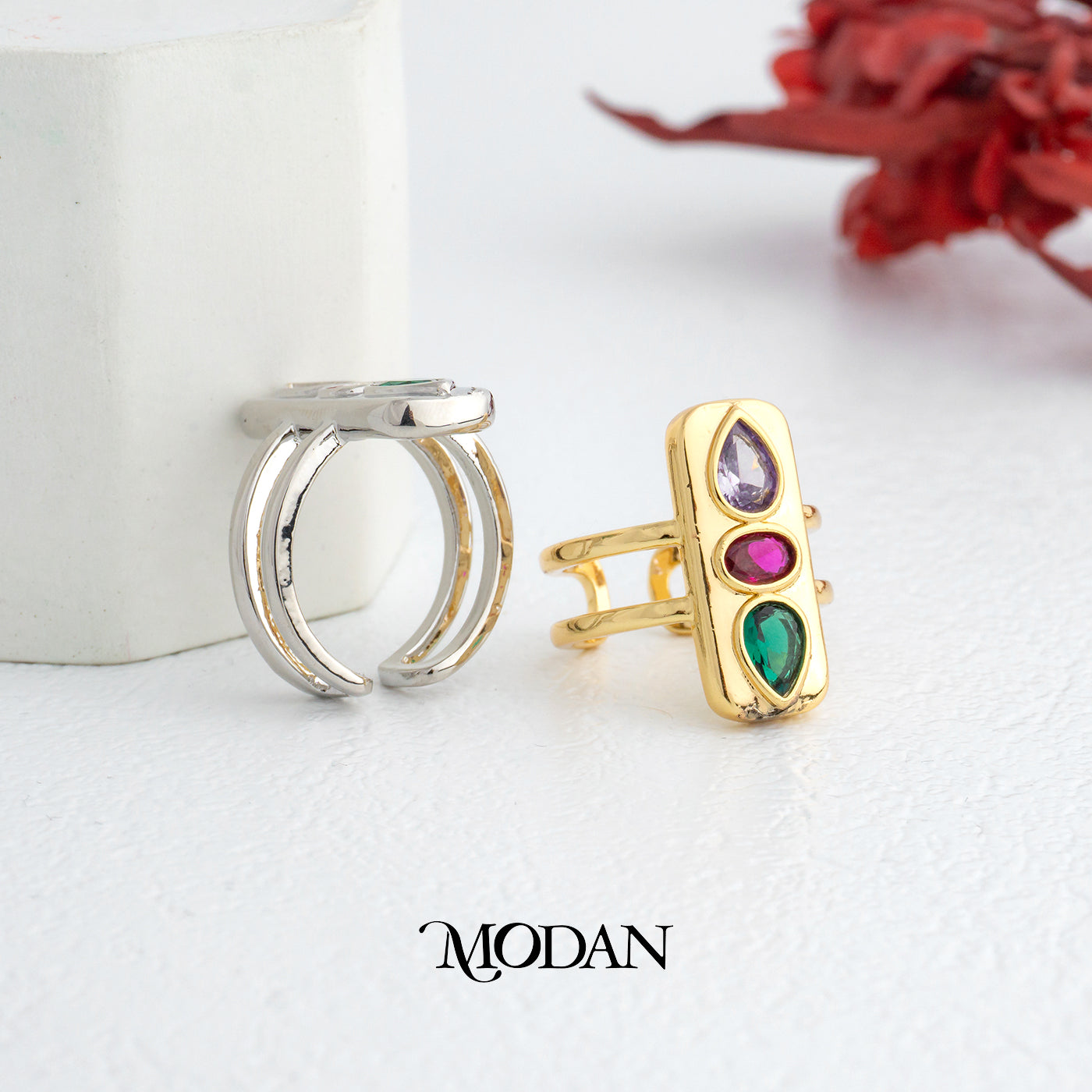 Colorful Red Green Purple Statement Ring Cincin Statement Merah Hijau Ungu Hypoallergenic Gold Plated