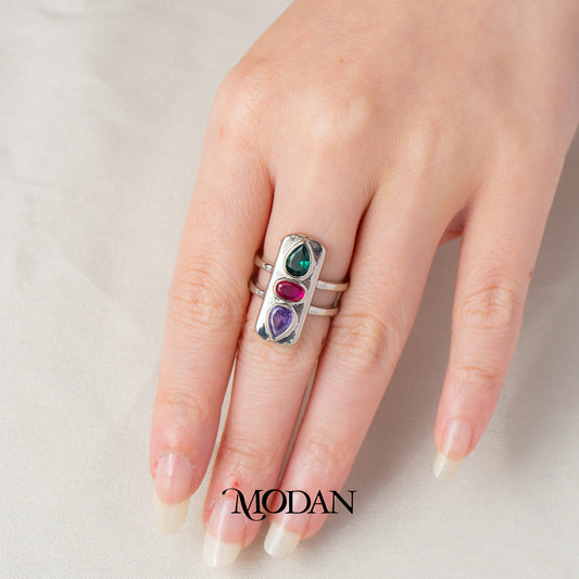 Vintage Boho Tricolor Statement Ring Cincin Vintage Tiga Warna Hypoallergenic Gold Plated