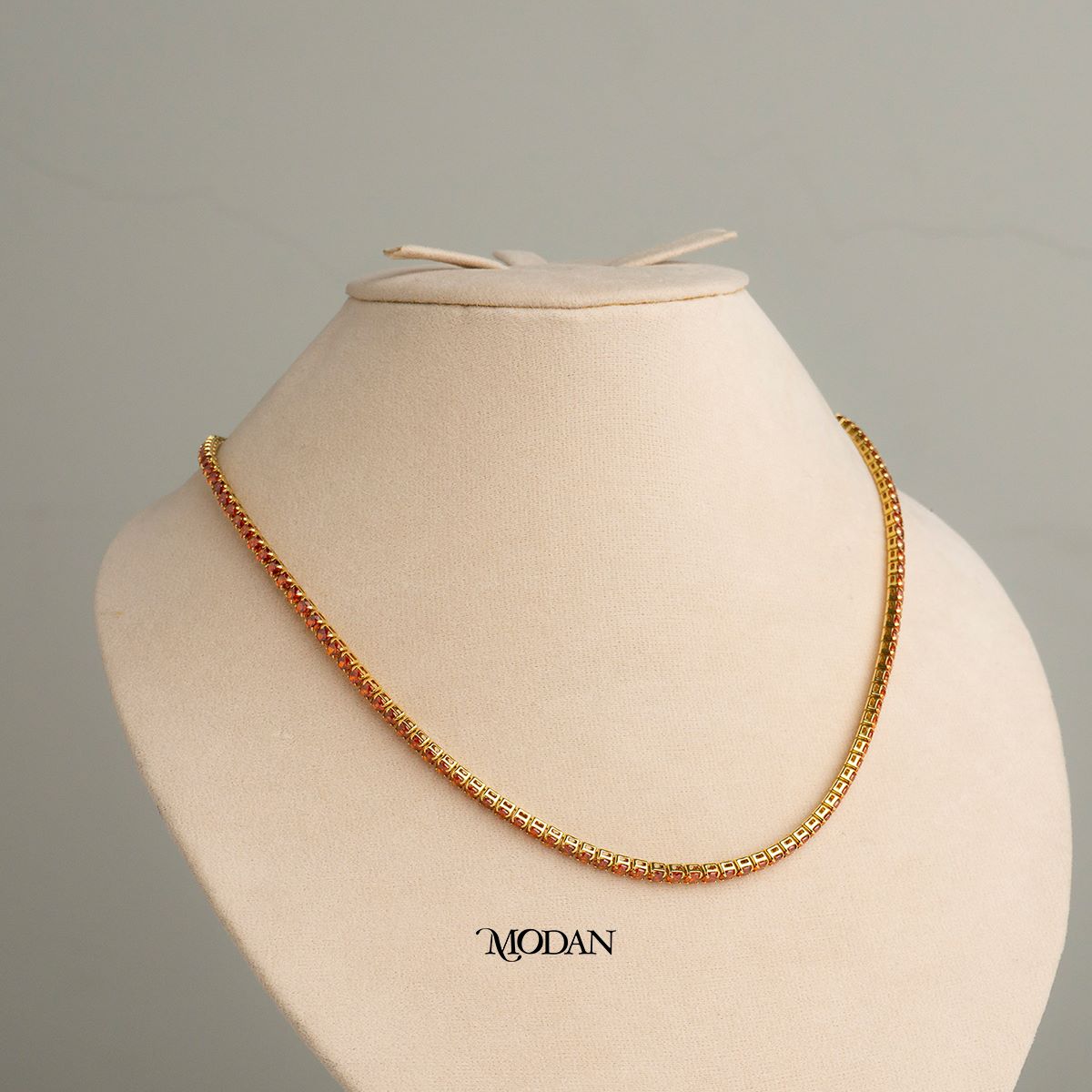 (43cm) Red Tosca Pink Peach Princess Cut Tennis Necklace Kalung Zirconia Hypoallergenic Gold Plated