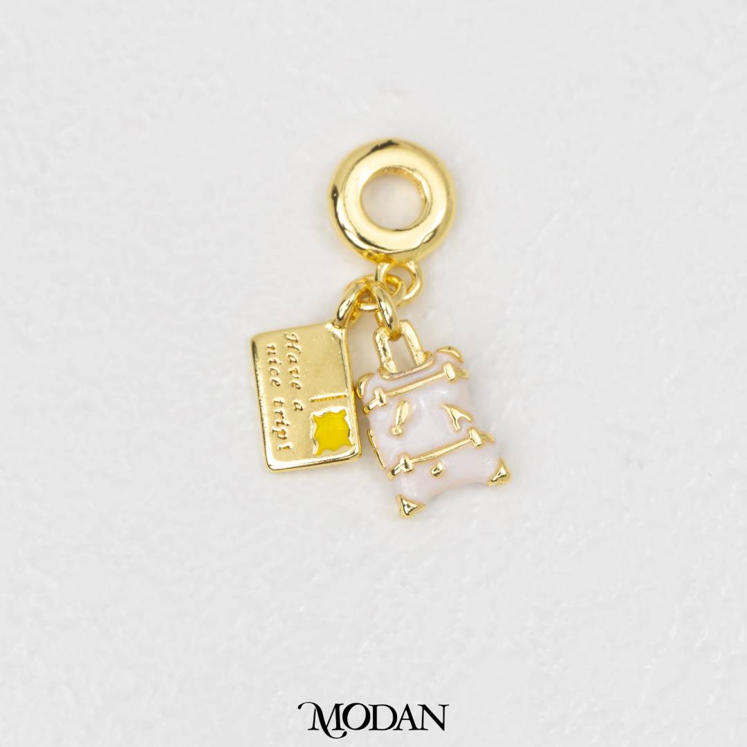 White Adventure Suitcase Travel DIY Pendant Liontin Travel Hypoallergenic Gold Filled