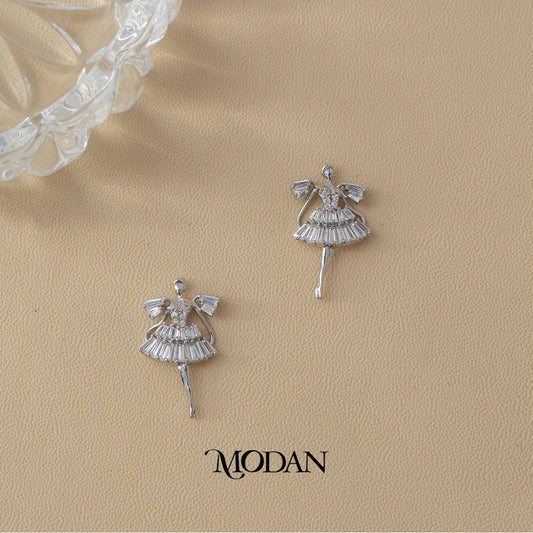 (23mm) Cute Ballerina Baguette Zirconia Stud Earrings Anting Tusuk Ballet Hypoallergenic Gold Plated